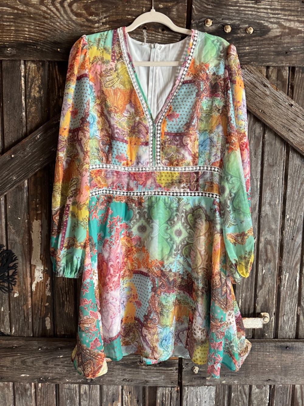 SHEIN Multicolor Patchwork V-Neck Long Sleeve Mini Dress